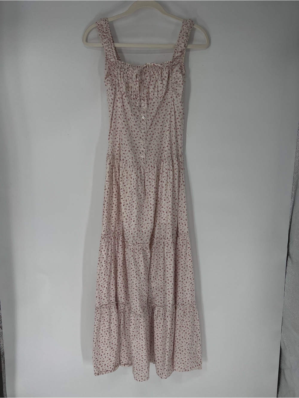 Frankie's Bikinis Christabelle White Pink Floral Smocked Sweetheart Maxi Dress S